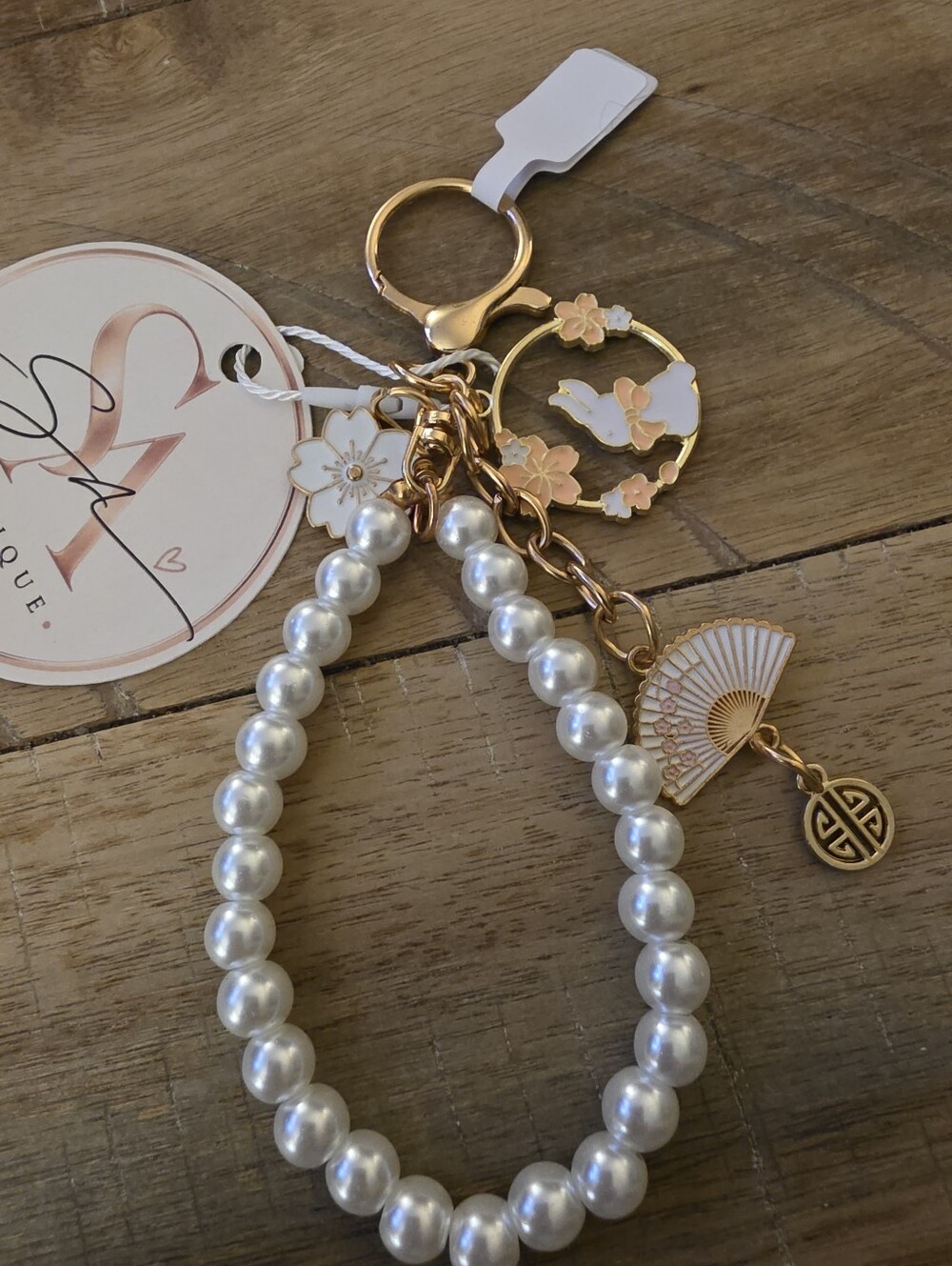Pearl Bead Bracelet Bag Charm Keychain with Gold-tone Floral Charms - White